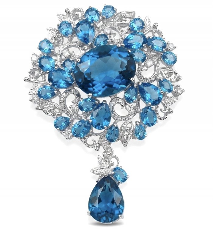 An exuberantly Large 70.2 grams Vintage style Swiss Blue Topaz .925 Sterling Silver DIPPED IN RHODIUM handmade LARGE Pendant - Brooch - video