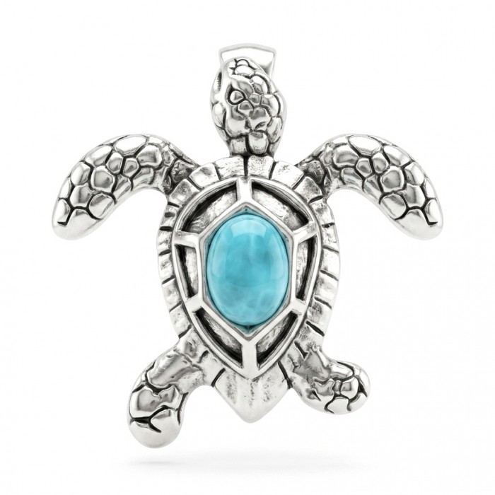 Exotic Turtle natural Larimar .925 Sterling Silver handcrafted Pendant