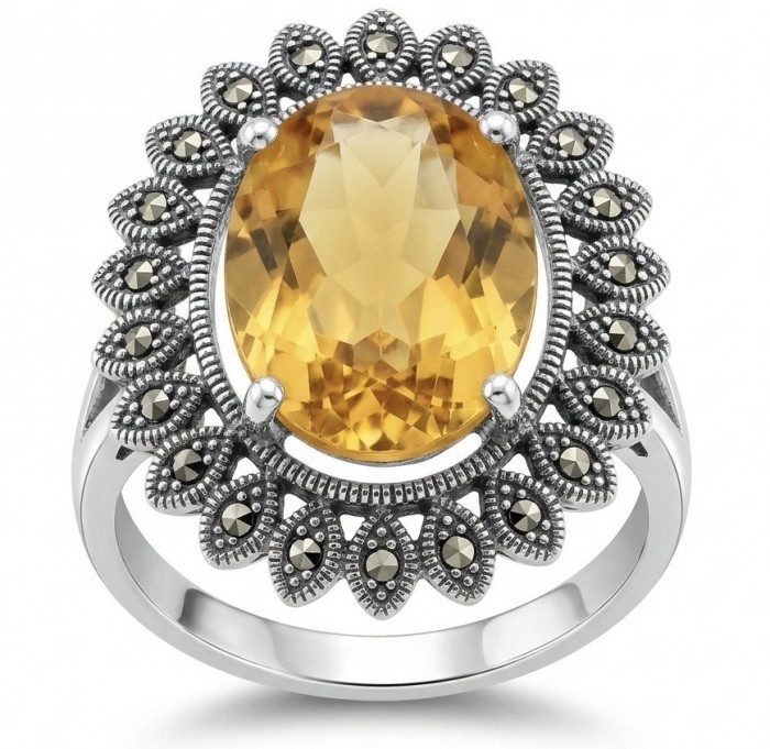 Golden Dream 23.5 carat Brazilian Citrine Marcasite .925 Sterling Silver Handcrafted Ring size 7 1/4