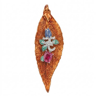 Stylish REAL Leaf dipped in Rose Gold 4.5 carat Garnet .925 Sterling Silver Pendant