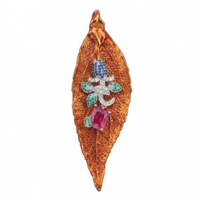 Stylish REAL Leaf dipped in Rose Gold 4.5 carat Garnet .925 Sterling Silver Pendant