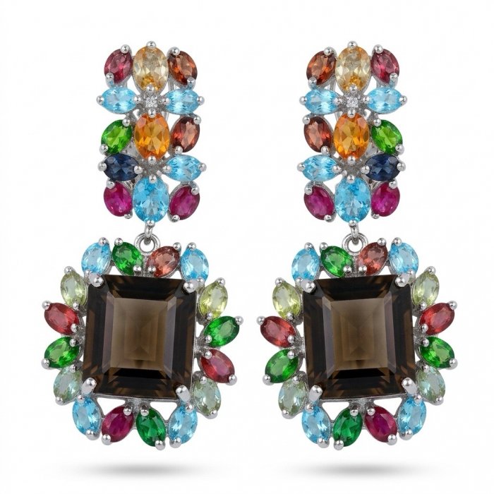 Giovanna 29.5 carat Champagne Smoky Topaz Rhodium over .925 Sterling Silver handmade Statement Earrings - video