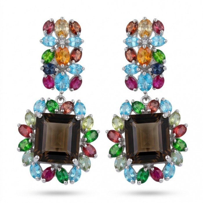 Giovanna 29.5 carat Champagne Smoky Topaz Rhodium over .925 Sterling Silver handmade Statement Earrings