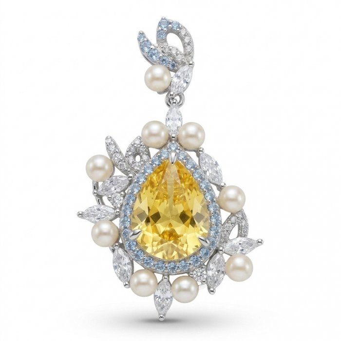 Tiffany - 7.8 carat yellow Sapphire Pearl RHODIUM over .925 Sterling Silver Handcrafted pendant - video