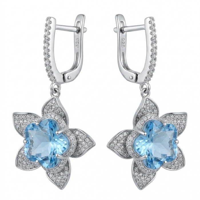 Forget -Me- Not flower 10.5 carat genuine Swiss Blue Topaz .925 Sterling Silver handmade Statement earrings