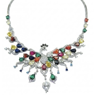 55.2 carat Graceful Swan Natural multicolot Topaz .925 Sterling Silver handcrafted Statement necklace