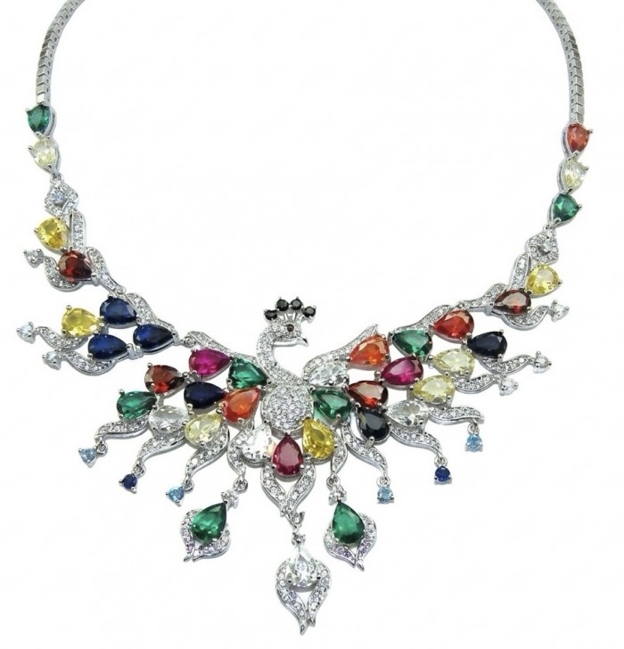 55.2 carat Graceful Swan Natural multicolot Topaz .925 Sterling Silver handcrafted Statement necklace
