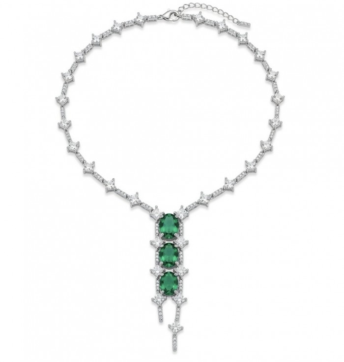 Gabriella 14.2 carat authentic Emerald rhodium over .925 Sterling Silver handcrafted Statement necklace