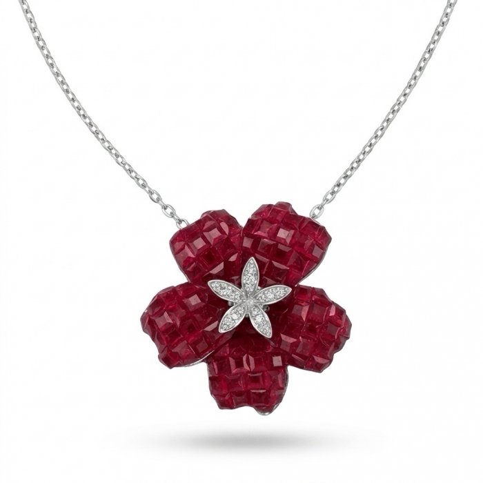 Red Flower Luxurious mystery setting natural 12.5 carat Ruby .925 Sterling Silver handmade Statement necklace - video