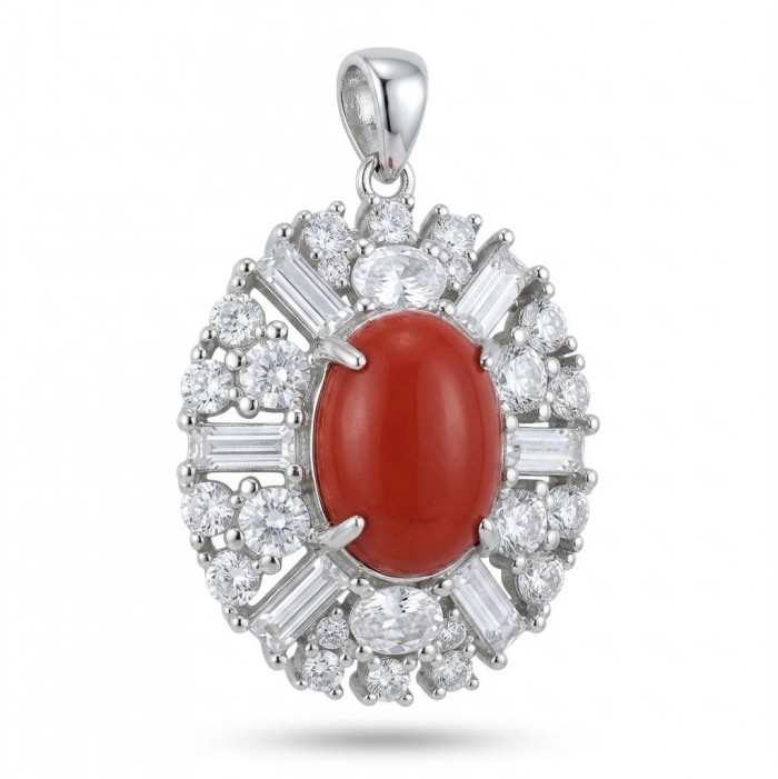 Elizabeth Natural Fossilized Coral 9.8 carat Moissanite .925 Sterling Silver handcrafted pendant