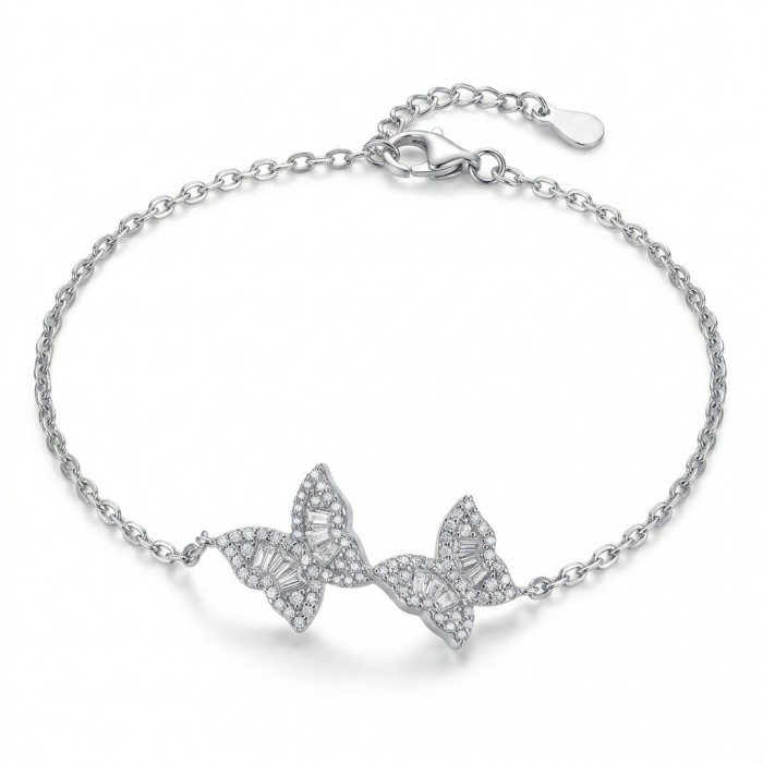 Two white Butterflies natural 7.5 carat White Topaz .925 Sterling Silver handmade Statement Bracelet
