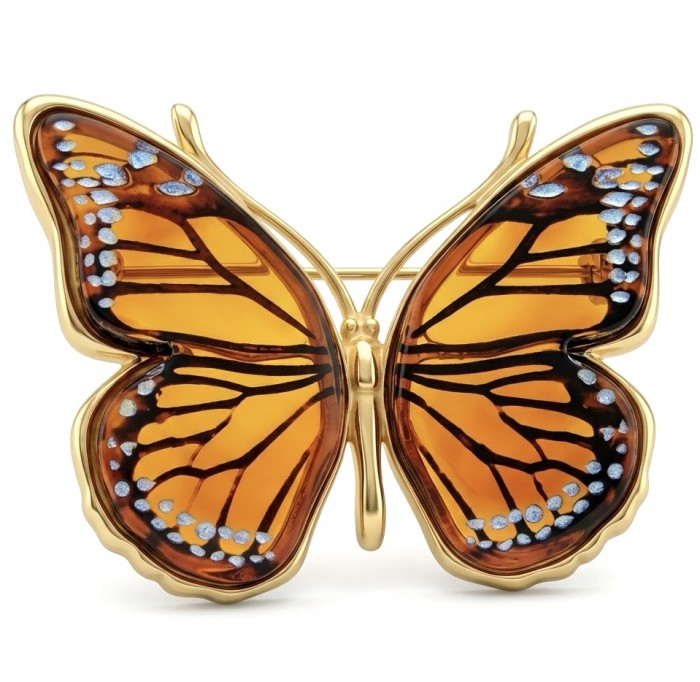 Golden Butterfly Authentic carved Baltic Amber 18K Gold over .925 Sterling Silver handcrafted pendant