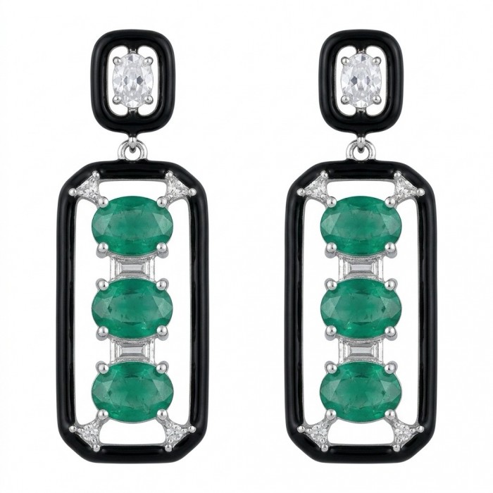 Art Deco 8.2 carat Colombian Emerald .925 Sterling Silver handcrafted Statement earrings