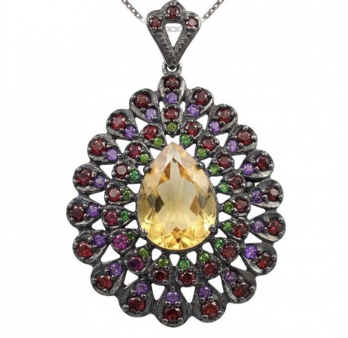Valentina - Vintage Design Genuine 28.5 carat Citrine .925 Sterling Silver dipped in black rhodium handmade Pendant Brooch