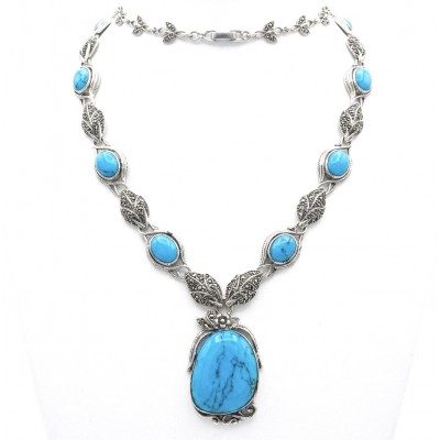 Luxurious Design genuine Turquoise Marcasite .925 Sterling Silver handcrafted Necklace