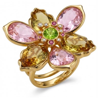 Cherry Blossom 27.5 carat Pink Amethyst Citrine 14K Gold over .925 Silver handcrafted Cocktail Ring s. 7