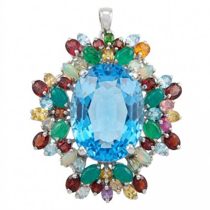 Oceania oval cut 47.8 carat Swiss Blue Topaz .925 Sterling Silver dipped in rhodium Handcrafted Pendant Brooch
