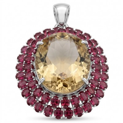 Luxury genuine 44.7 CARAT oval cut Champagne Topaz Garnet .925 Sterling Silver dipped in rhodium handmade Pendant