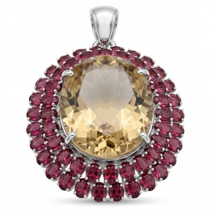 Luxury genuine 44.7 CARAT oval cut Champagne Topaz Garnet .925 Sterling Silver dipped in rhodium handmade Pendant - video