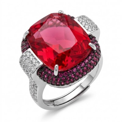 Art Deco 18.6 ctw Red Topaz 4.2 carat pave Ruby .925 Sterling Silver handcrafted Statement Ring size 7 adjustable