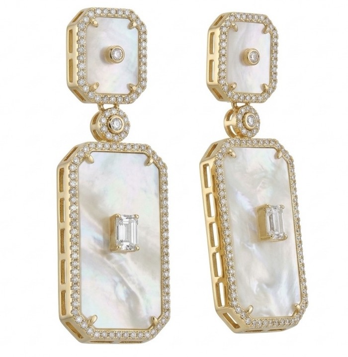 Genuine Blister Pearl lab grown Diamond 18K Gold over .925 Sterling Silver handcrafted Large Statement Earrings