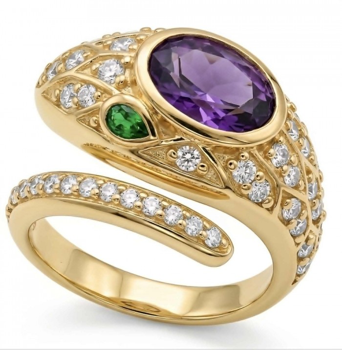 Seducer - Cobra 8.5 carat Amethyst 22K Gold over .925 Sterling Silver handcrafted handcrafted Ring s. 7