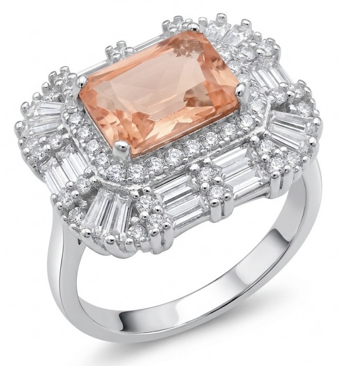 Isabella Authentic emerald cut 4.8 carat Morganite .925 Sterling Silver ring s. 6 1/4
