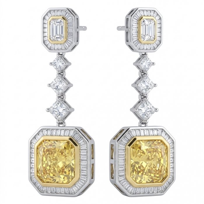 Art Deco - Luxurious assher cut 20.5 carat Yellow Sapphire 18K Gold over .925 Sterling Silver handcrafted earrings - video