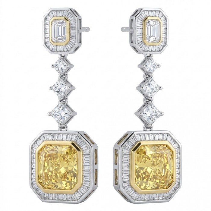 Art Deco - Luxurious assher cut 20.5 carat Yellow Sapphire 18K Gold over .925 Sterling Silver handcrafted earrings