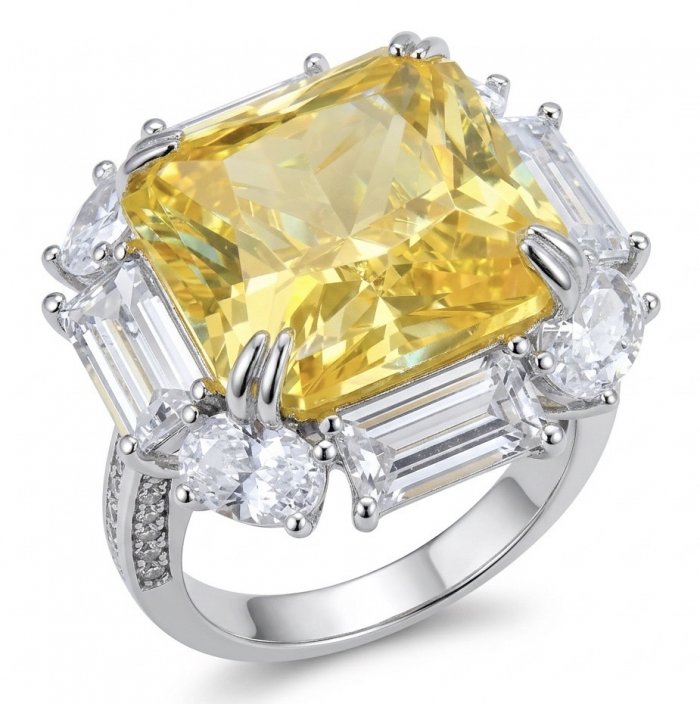 Art Deco - Luxurious assher cut 15.7 carat Yellow Sapphire 18K Gold over .925 Sterling Silver handcrafted Ring s. 8 1/4 - video