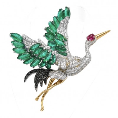 Colorful Precious Heron 24.6 Emerald Ruby Moissanite 2 tones .925 Sterling Silver Pendant Brooch