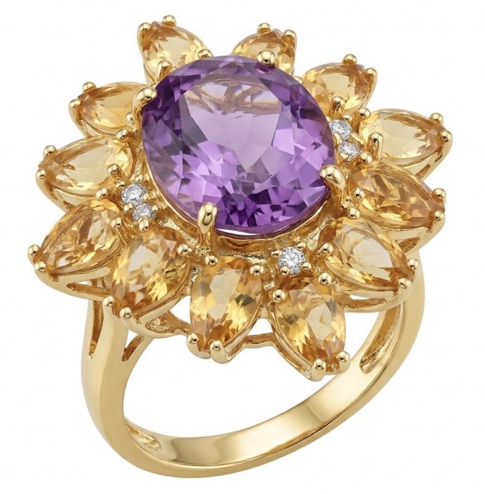Mademoiselle - 7.7 carat Amethyst Brazilian Citrine 18K Gold over .925 Sterling Silver handcrafted Ring size 7
