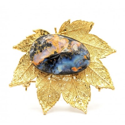 Stylish REAL Leaf dipped in 14K Gold 24.5 CARAT Boulder Opal .925 Sterling Silver Pendant