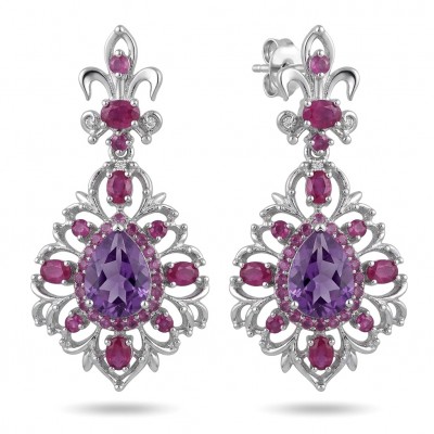 Francesca Genuine 22.7 carat Amethyst Kashmir Ruby rhodium over .925 Sterling Silver handcrafted earrings