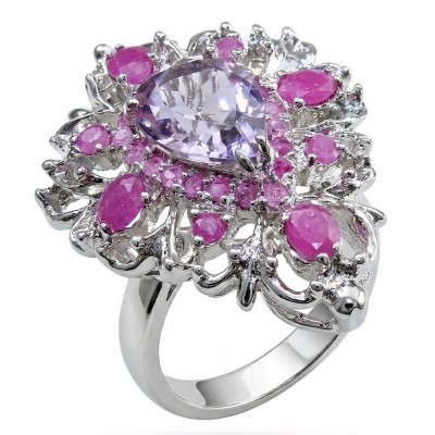 Francesca Genuine 18.7 carat Amethyst Kashmir Ruby rhodium over .925 Sterling Silver handcrafted Statement Ring size 7