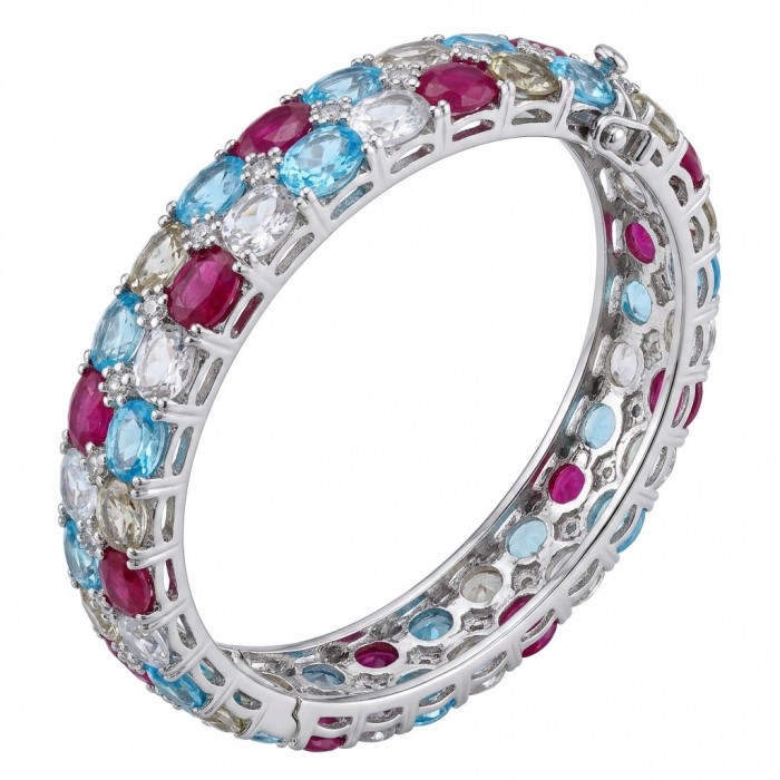 Fiesta Authentic 51.2 carat Morganite Ruby Swiss Blue Topaz .925 Sterling Silver handmade bangle Bracelet