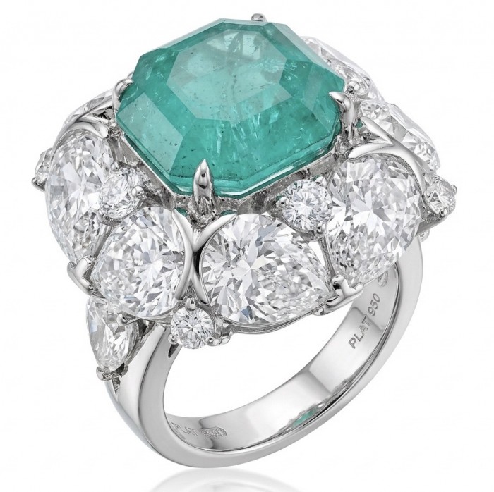 Elizabeth princess cut 14.8 carat Colombian Emerald 12.3 carat Moissanite .925 Sterling Silver dipped in Rhodium handcrafted Ring size 6