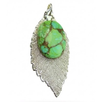 Stylish REAL Leaf dipped in .925 Sterling Silver Turquoise Pendant