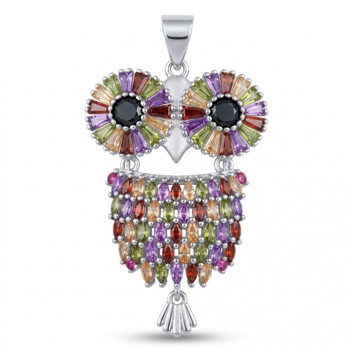 Precious Owl - 12.5 CARAT Multigem .925 Sterling Silver handcrafted pendant
