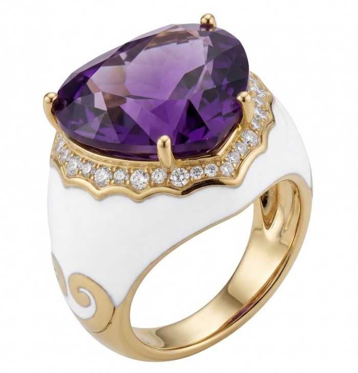 Lavender Love 10.5 carat natural Amethyst Enamel 22K Gold over .925 Sterling Silver Handcrafted Ring size 7 1/2