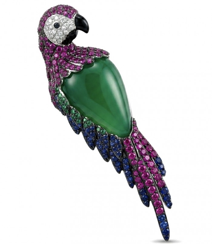 Vibrance & Joy - exotic Parrot - Genuine 22.4 carat Jade from New Zealand .925 Sterling Silver dipped in rhodium handmade Pendant - Brooch