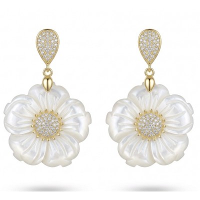 BLOOMING FLOWERS Genuine Blister Pearl 0.2 CARAT lab grown Diamond 18K Gold over .925 Sterling Silver handcrafted Statement Earrings