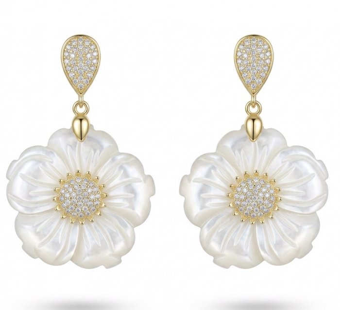 BLOOMING FLOWERS Genuine Blister Pearl 0.2 CARAT lab grown Diamond 18K Gold over .925 Sterling Silver handcrafted Statement Earrings - video