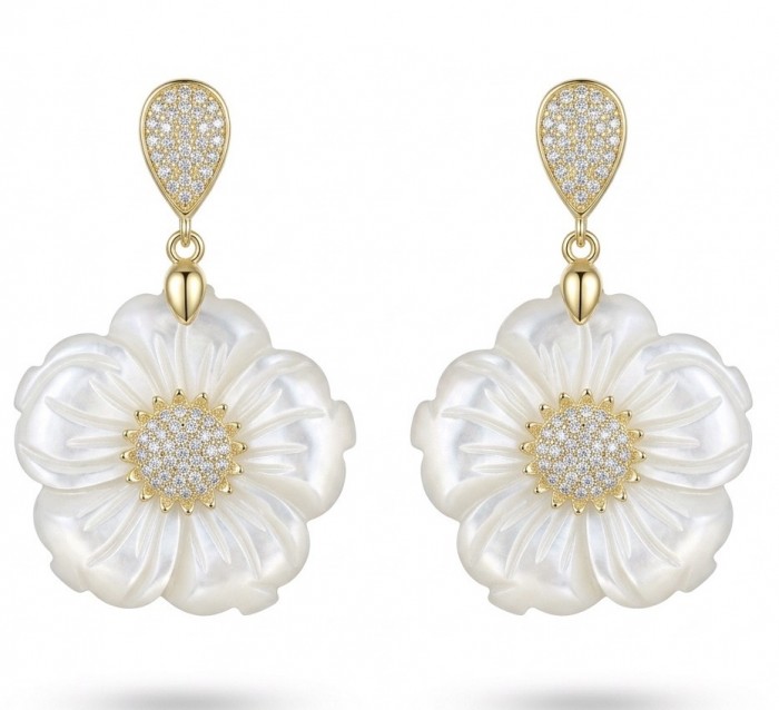 BLOOMING FLOWERS Genuine Blister Pearl 0.2 CARAT lab grown Diamond 18K Gold over .925 Sterling Silver handcrafted Statement Earrings