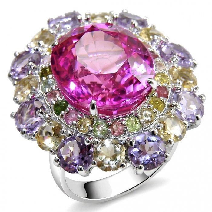 Anastasia 25.2 carat Pink Sapphire .925 Sterling Silver dipped in Rhodium Handcrafted Statement Ring size 7 - video