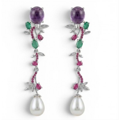 Tiffany Genuine Pearl 10.2 carat Amethyst rhodium over .925 Sterling Silver handcrafted Long Statement Earrings
