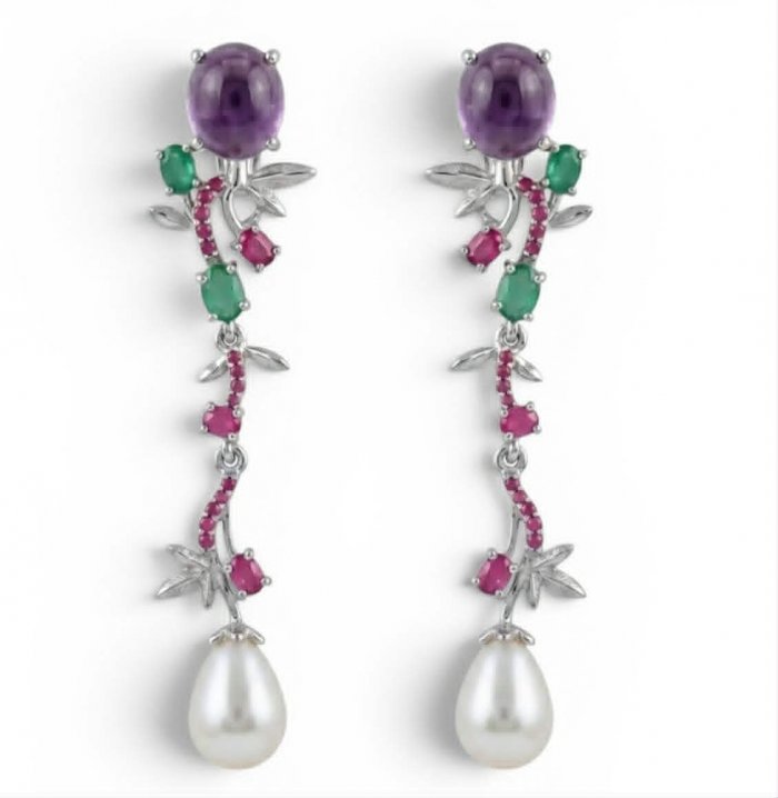 Tiffany Genuine Pearl 10.2 carat Amethyst rhodium over .925 Sterling Silver handcrafted Long Statement Earrings - video