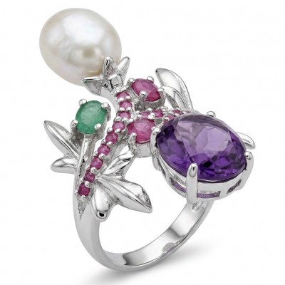 Tiffany Genuine Pearl 7.8 carat Amethyst rhodium over .925 Sterling Silver brilliantly handcrafted ring s. 8