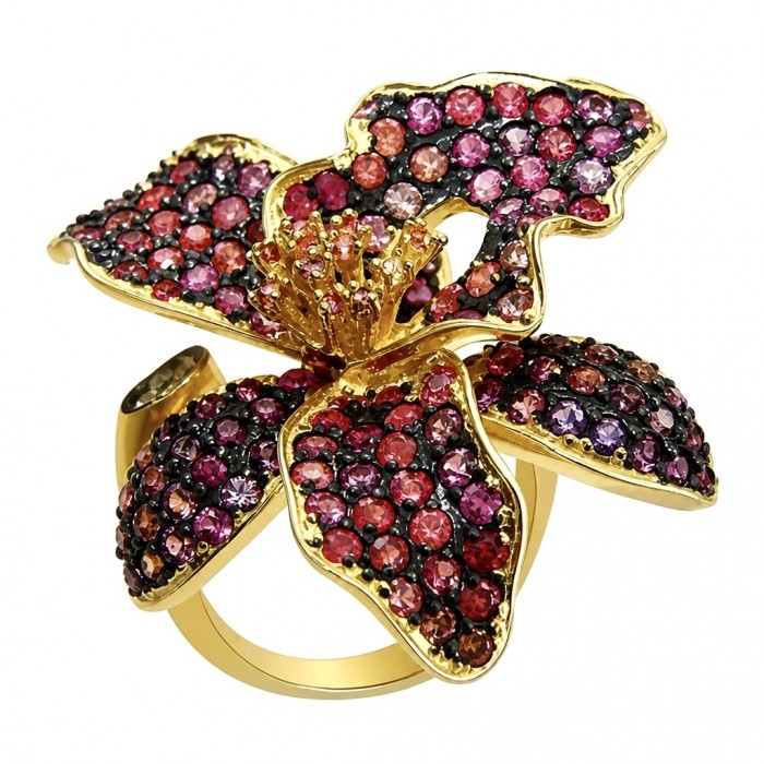 Red Lotus Natural pave 8.2 carat Ruby .925 Sterling Silver dipped IN 18k Gold handmade Statement Ring size 6 adjustable