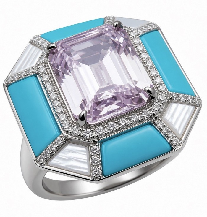 Emily - Art Deco -Precious genuine 10.2 carat Kunzite inlay Turquoise .925 Sterling Silver handcrafte Cocktail Ring s. 7 1/4